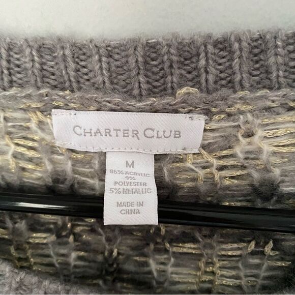 Charter Club Women’s Crew Neck Long Sleeve Thick Knit Gray and Gold Sweater M - Picture 2 of 3